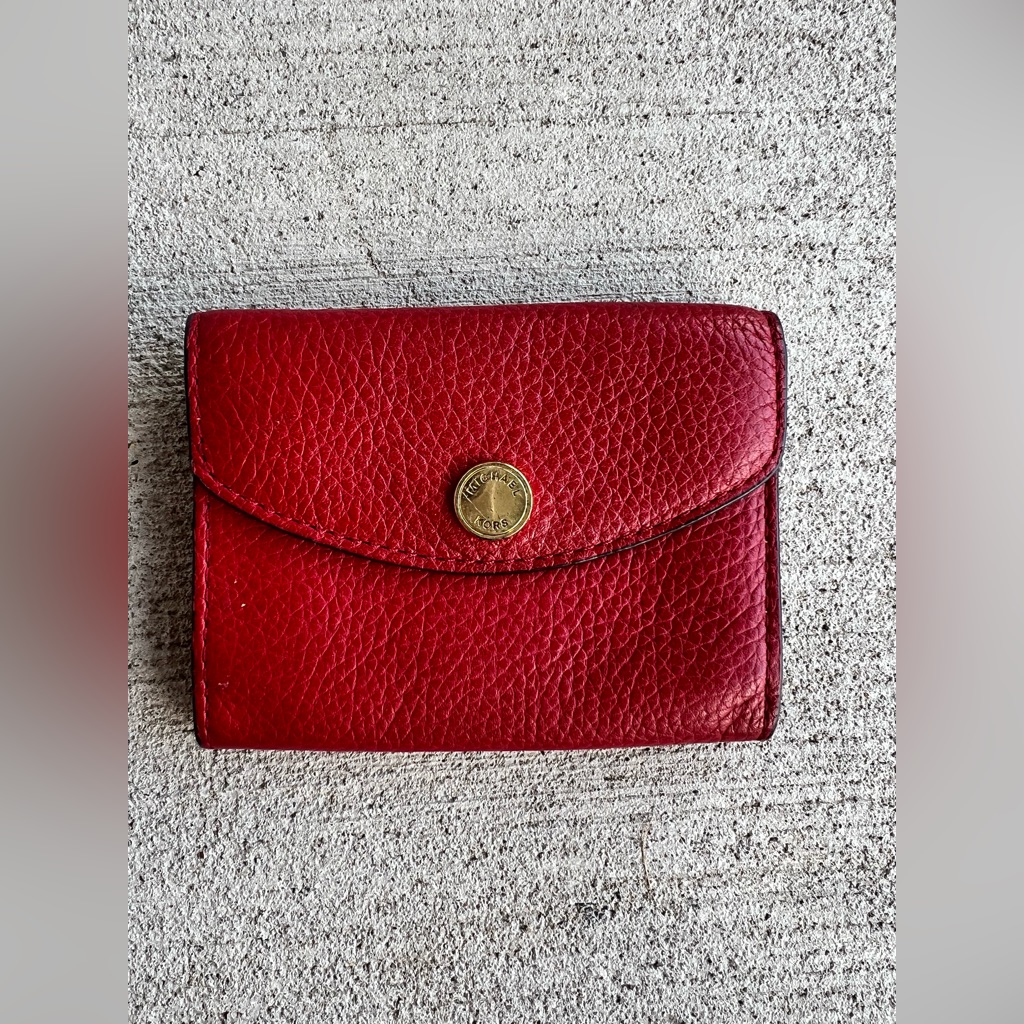 Michael Kors Red Pebbled Leather Wallet Card Holder Small Compact Snap Closure